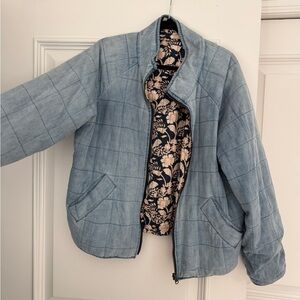 Reversible Blue Quilted Jacket with Floral Lining